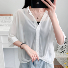 批发外贸爆款~防晒衣雪纺<b class='q'>衬衫</b>设计感洋气短袖上衣V领+内搭背心