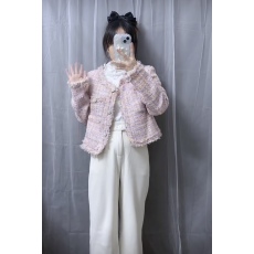 批发法式气质名媛小香风粉色粗花呢外套女秋冬季高级感小个子短款上衣