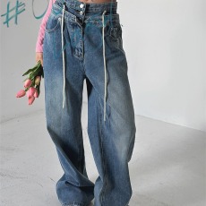 批发现 水洗蓝<b class='q'>百搭</b>丹宁双层腰头抽绳设计牛仔长<b class='q'>裤</b>