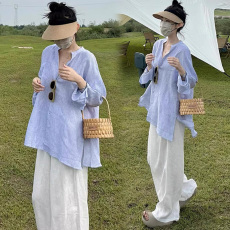 批发<b class='q'>孕妇</b><b class='q'>蓝色</b>V领衬衫女宽松慵懒风中长款上衣＋韩版阔腿裤套装