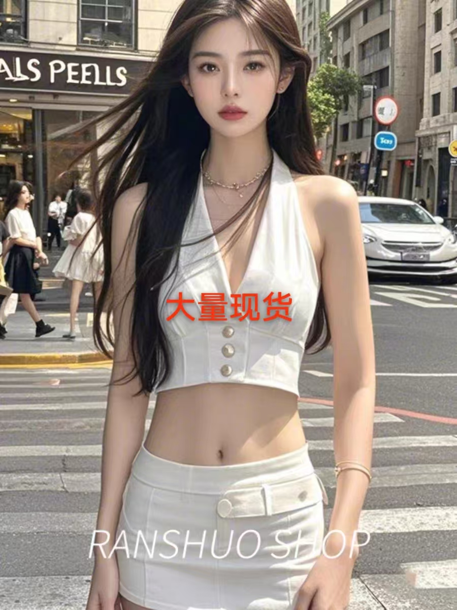 mlyr 화이트 행침 목 조끼 외출용 쇼트 스타일 다용도 섹시함 핫걸 민소매 맨위 여성 여름 10 반바지