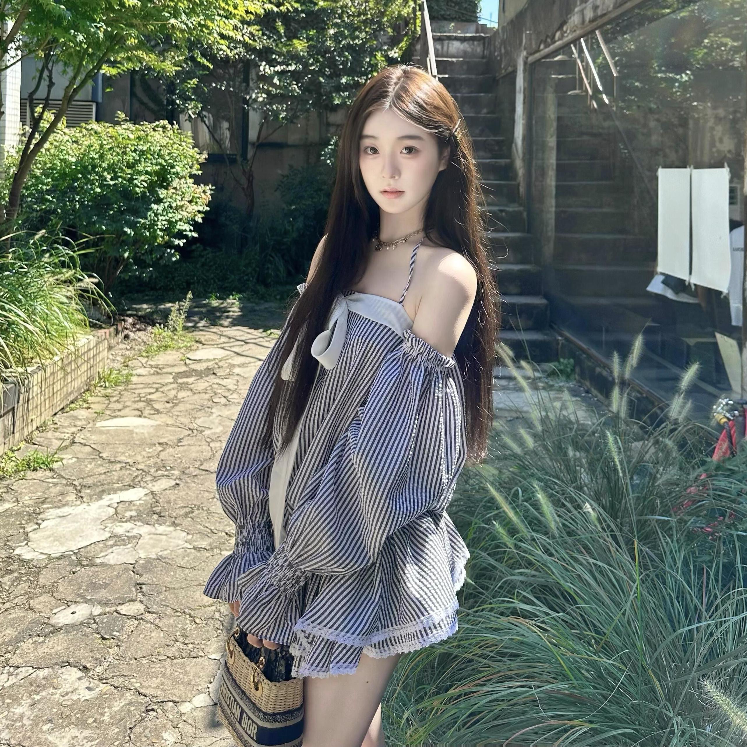 FA32462# 甜辣条纹蝴蝶结法式连衣裙新款显瘦气质蓬蓬短裙春季清新可爱简约 服裝批發女裝批發服飾貨源