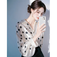 批发有货 2026春秋季新款白色<b class='q'>波点</b>缎面<b class='q'>衬衫</b>女宽松遮肚<b class='q'>衬衣</b>长袖上衣