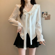 批发实拍~大码法式蝴蝶结衬衫女设计感秋季新款内搭白色修身<b class='q'>显瘦</b>衬衣