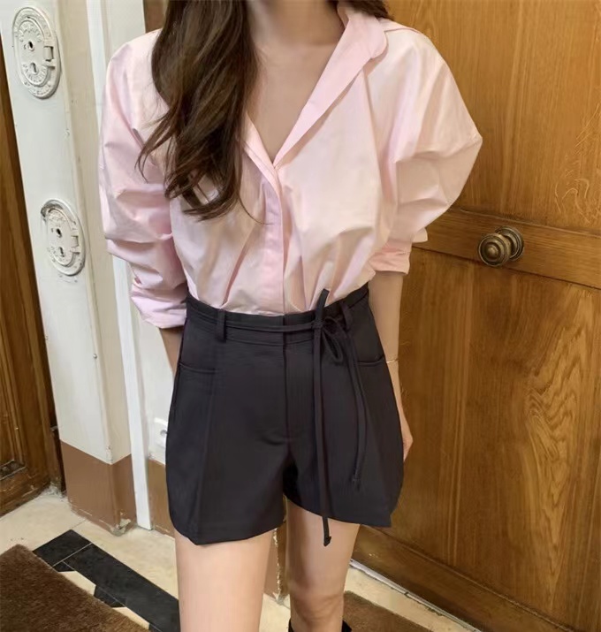 한국 chic 봄 새로운 폴로 칼라 부서 버클 단색 다용도 긴팔 여성 셔츠