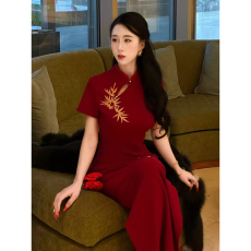 批发新款夏新中式国风改良印花旗袍红竹国风气质修身连衣裙