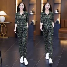 批发<b class='q'>迷彩服</b>女装长袖<b class='q'>套装</b>2025春秋新款立领t恤时尚运动休闲长裤两件套