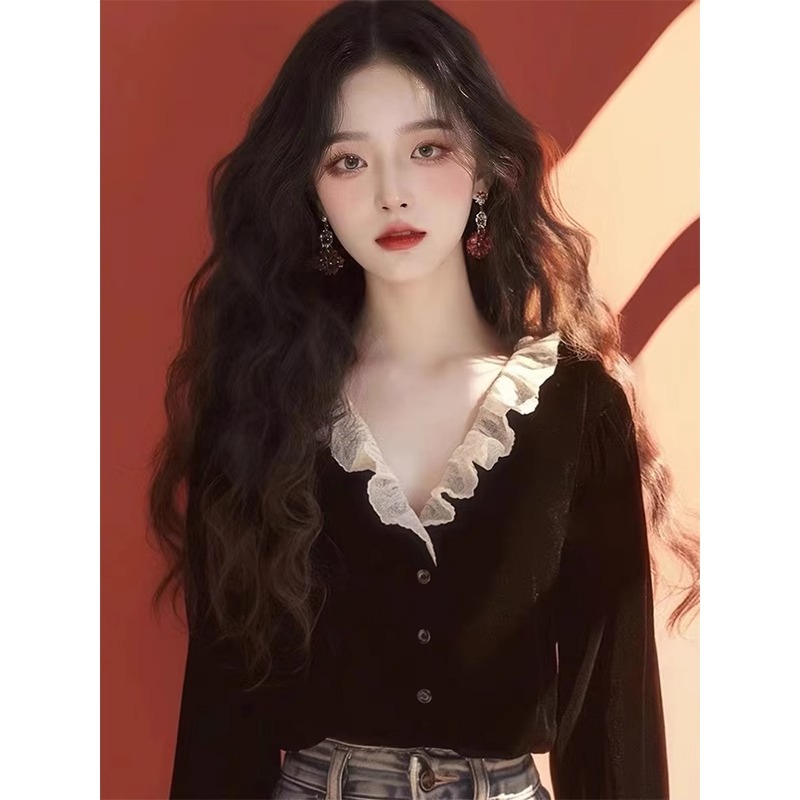 V넥 벨벳 여성 셔츠 가을 패션 외국 가스 고급 센스 프랑스식 프릴 긴팔 맨위