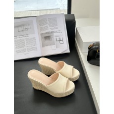 批发新款坡跟编织麻绳厚底防水台拖鞋