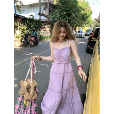 批发微胖肌理感<b class='q'>紫色</b>吊带<b class='q'>连衣裙</b>夏设计感显瘦法式复古高腰长裙长袖开衫