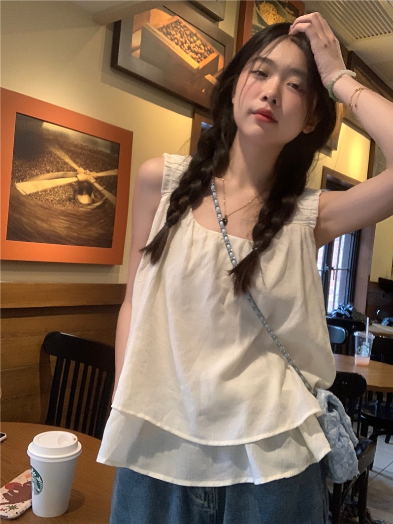 프랑스식 여름 슈퍼 요정 달콤함 고급 센스 광장 칼라 Chic 쇼트 스타일 민소매 슬립 인형 셔츠