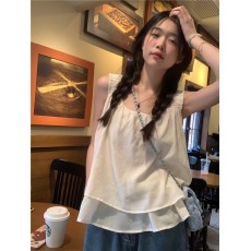 批发法式夏季超仙<b class='q'>甜美</b>高级感方领别致短款无袖吊带娃娃衫~