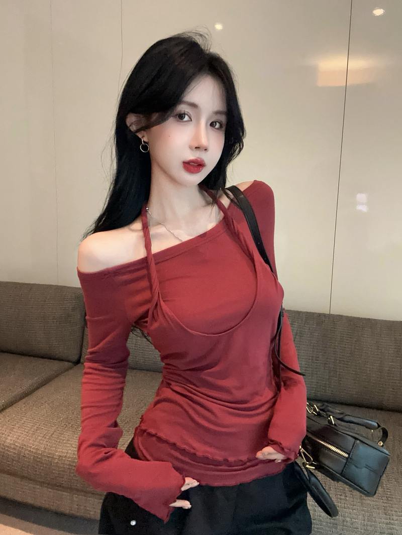 MY1624# 挂脖假两件辣妹性感T恤上衣一字领露肩打底衫女潮女裝貨源服裝批發