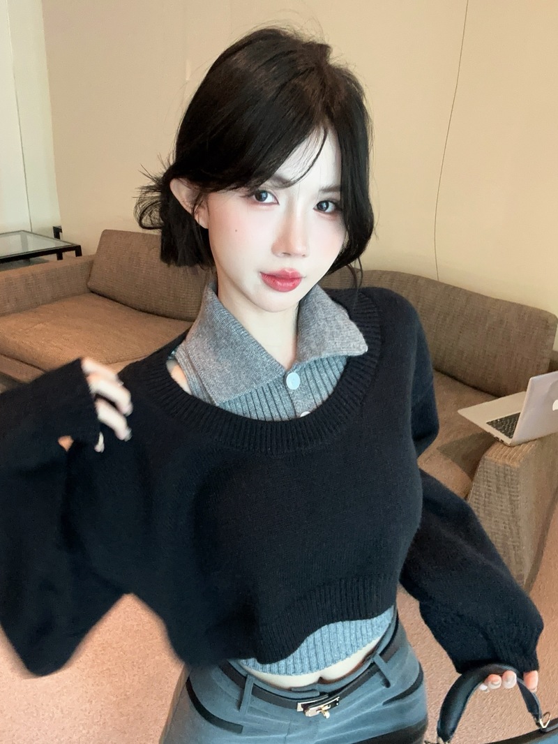 BY35546# 秋冬加厚减龄毛衣两件套装女Polo领背心针织罩衫上衣 服裝批發女裝批發服飾貨源