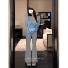 批发温婉同款<b class='q'>碎花</b>微喇叭休闲裤女2025新款韩版高腰修身显瘦印花长裤子