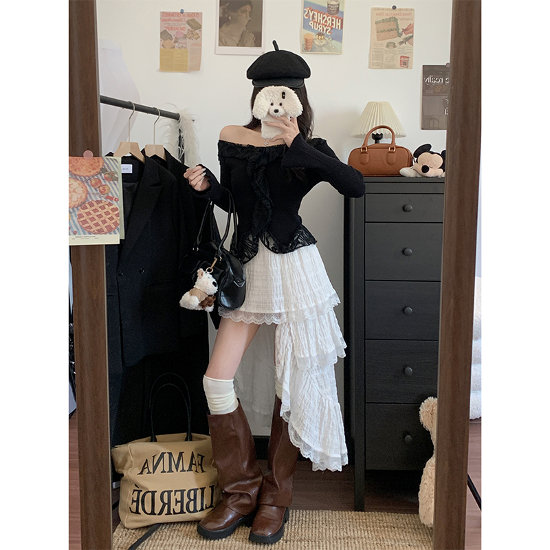 실사 빅 사이즈 여성 의류 불규칙 레이스 반신 스커트 화이트 케이크 드레스 디자인 센스 하이웨이스트 중간 길이 치마