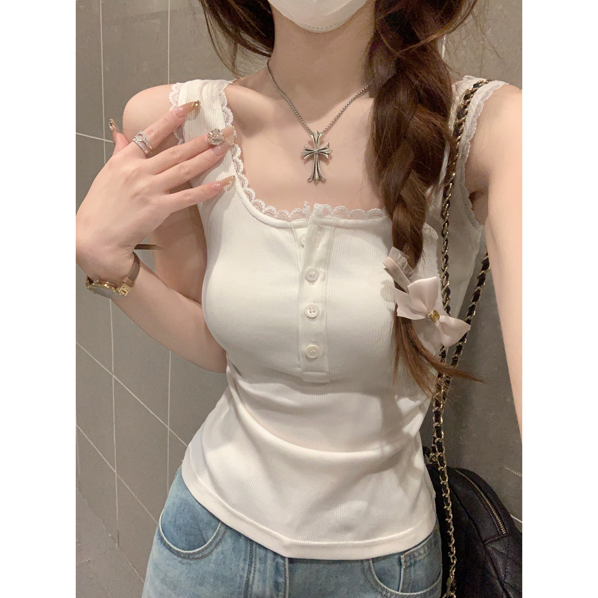 MY8232# 韩版方领纯欲蕾丝边纽扣设计内搭工字型背心T恤上衣女裝貨源服...