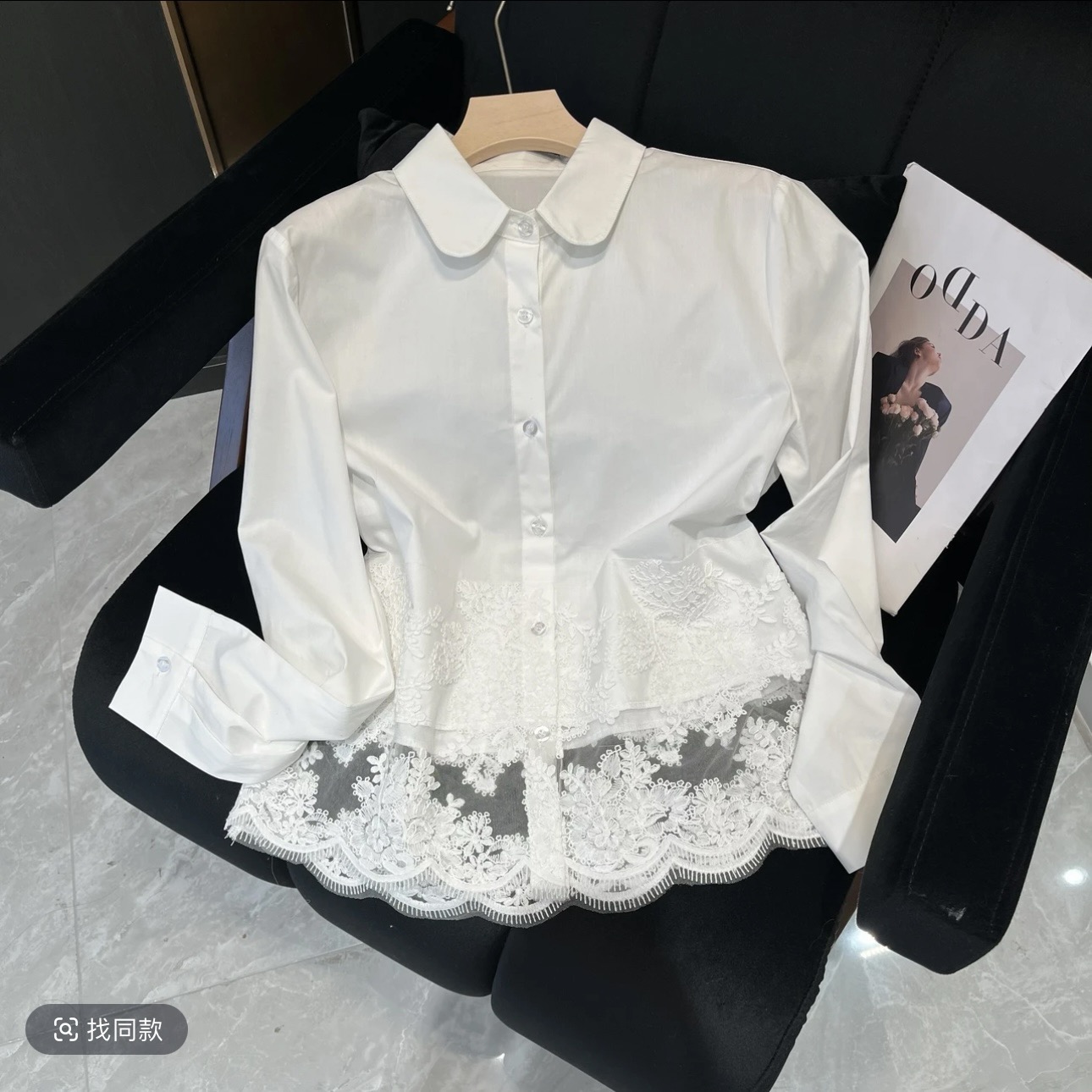MY2368# 小桃心薄的领下摆镂空拼接蕾丝勾花工艺衬衫女裝貨源服裝批發