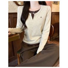 批发假两件长袖T恤女正肩<b class='q'>春</b>秋独特别致设计感百搭显瘦上衣