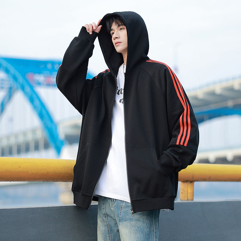 实拍2025春季新款港风开衫连帽卫衣男潮流撞色宽松休闲百搭外套