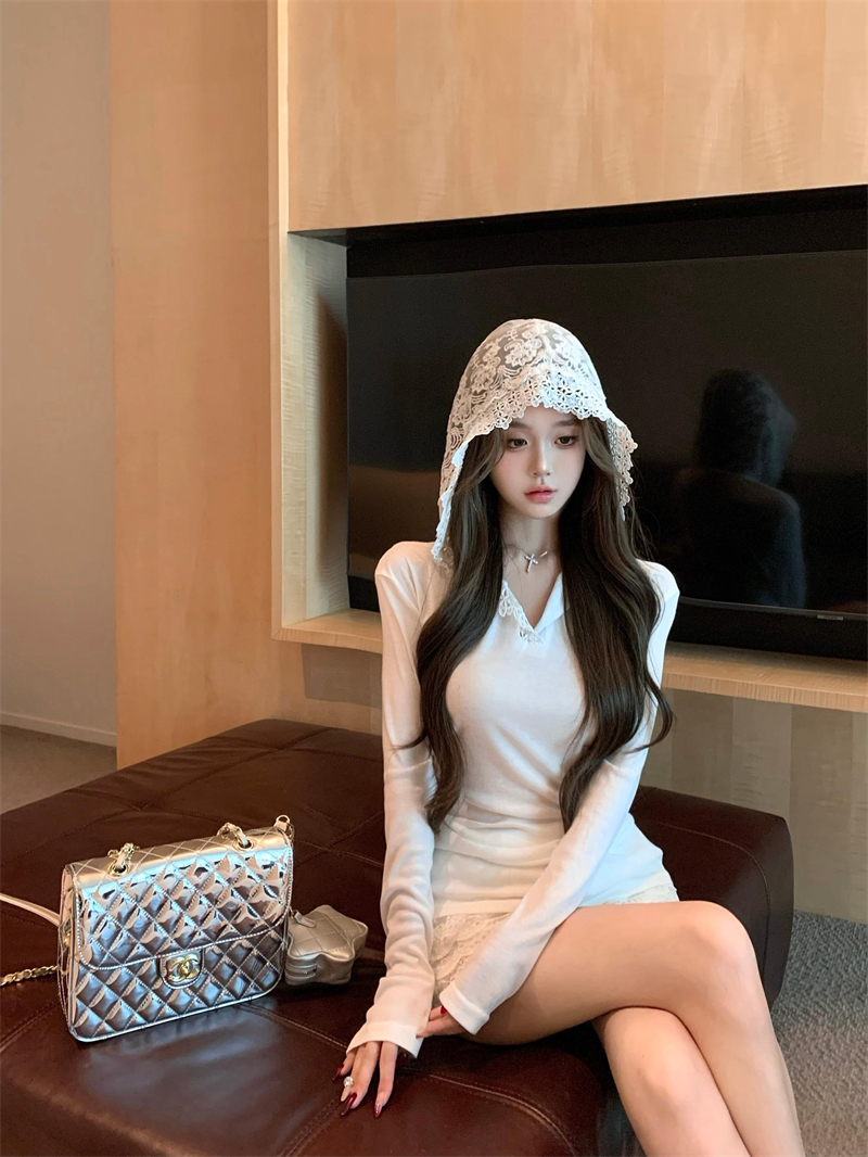 MY1263# 白色纯欲蕾丝连帽衫T恤上衣女裝貨源服裝批發
