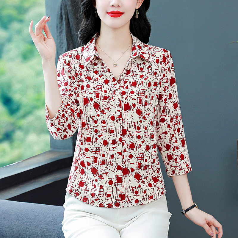 실사 2026 여름 드레스 새로운 뒤집다 지불 프린트 셔츠 7부 소매 캐주얼 다용도 어머니 드레스 맨위