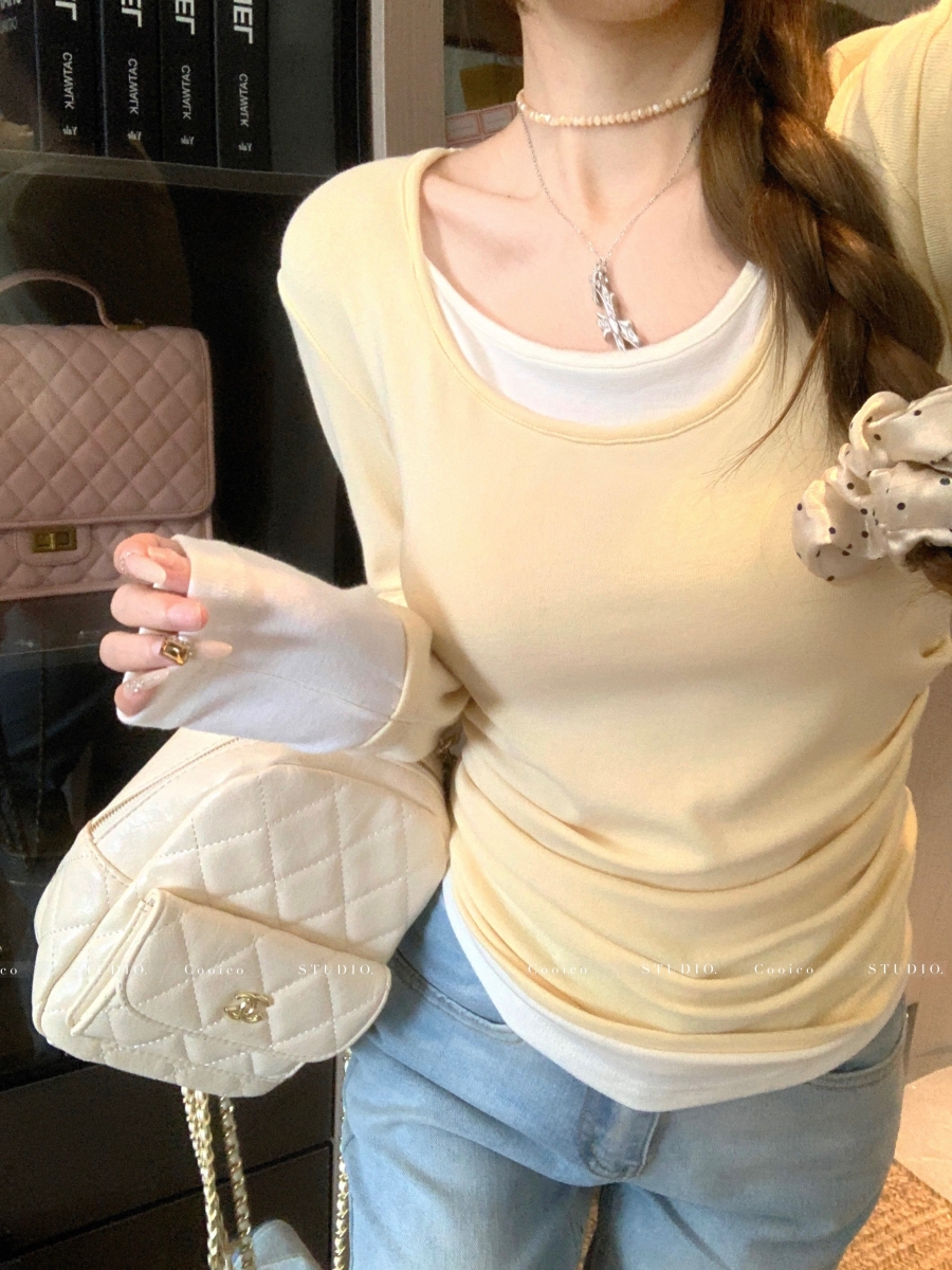 MY929# 假两件长袖T恤打底衫女新款洋气修身内搭叠穿修身上衣女裝貨源服裝批發