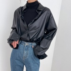 批发韩国chic 春季韩版时尚简约个性百搭POLO领单排扣皮衣衬衫上衣