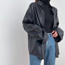 批发韩国chic 春季韩版时尚简约个性百搭POLO领单排扣皮衣衬衫上衣