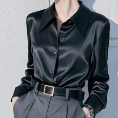 批发轻奢绝美黑色翻领缎面长袖<b class='q'>衬衫</b>女春秋款洋气通勤百搭<b class='q'>职业</b><b class='q'>衬衣</b>