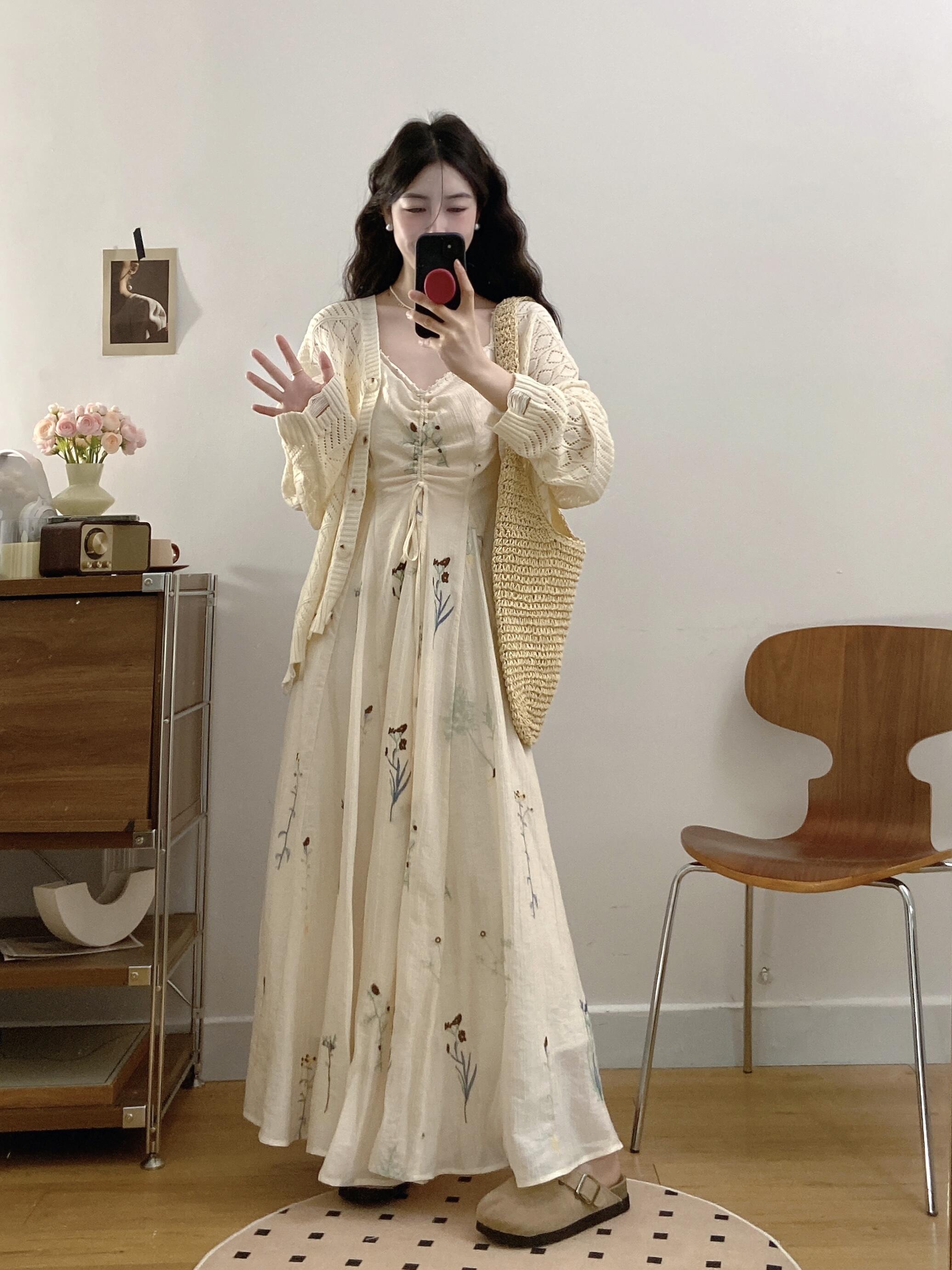 실사 빅 사이즈 남쪽 지점 살구 조정 프랑스식 품격 여성 드레스 주름 센스 물 풀 꽃 레트로 자수 롱 스커트