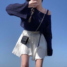 批发胖mm蝴蝶结宽松罩衫冰丝长袖针织衫一字肩露肩大码女装毛衣上衣