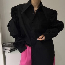 批发chic 韩国春季复古法式宫廷风抽摺感泡泡袖时尚尖尖领<b class='q'>衬衫</b>上衣女