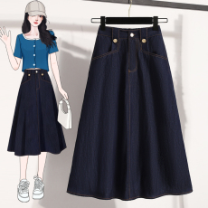 批发实拍夏新款大码宽松休闲中长款牛仔半身裙胖MM显瘦松紧腰A字裙