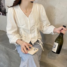 批发2026早春大码女装韩版修身设计感V领抽绳长袖<b class='q'>衬衣</b>