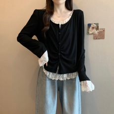 批发实拍~大码蕾丝拼接针织衫女假两件内搭打底衫秋季新款<b class='q'>显瘦</b>上衣