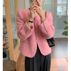 批发韩国东大门~粉色毛呢短款外套金属纽扣宽松口袋上衣