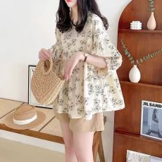 批发2026夏装大码女装娃娃衫甜美法式圆领蓬蓬灯笼碎花<b class='q'>衬衫</b>M-4XL200斤