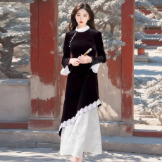 批发2026新款高级感气质新中式国风复古拼接<b class='q'>长款</b>修身显瘦<b class='q'>旗袍</b>裙