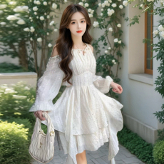 批发2026年春新款法式露肩长袖连衣裙高级感气质收腰显瘦仙女裙