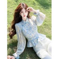 批发有货 2026春秋季新款新中式国风印花衬衫女收腰<b class='q'>裙摆</b>泡泡袖上衣