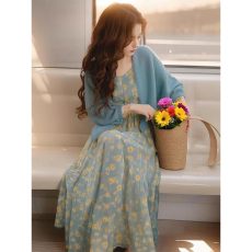 批发官图高级感针织开衫碎花<b class='q'>连衣裙</b>两件套女2026年新款韩系穿搭一整套