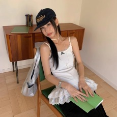 批发玖玖 原版立体花边法式白色吊带背心女夏蕾丝花边下摆小上衣