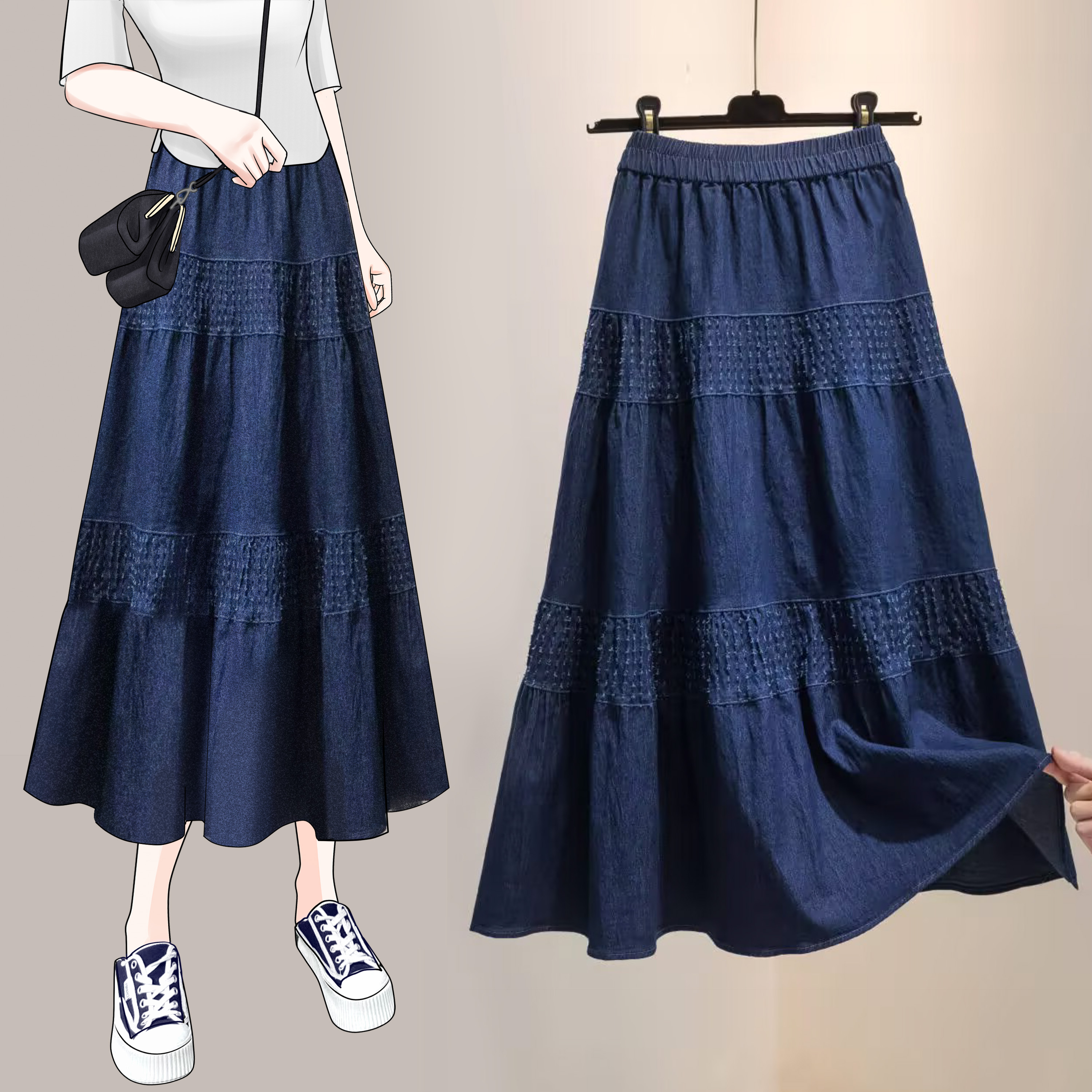 실사 빅 사이즈 여성 의류 2026 레트로 한 마디 데님 반신 스커트 하이웨이스트 슬림해 보이는 다용도 중간 길이 빅 플레어 스커트
