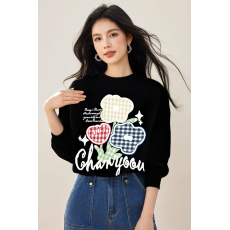 批发实拍◆◆2026春款创意贴布绣格子花朵卫衣女宽松情侣装上衣打底衫