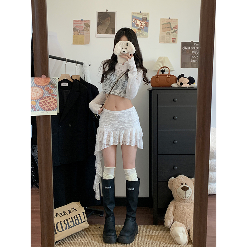 실사 빅 사이즈 여성 의류 순수한 욕망 섹시함 불규칙 리본 레이스 반신 스커트 하이웨이스트 슬림해 보이는 노출 방지 미니 스커트