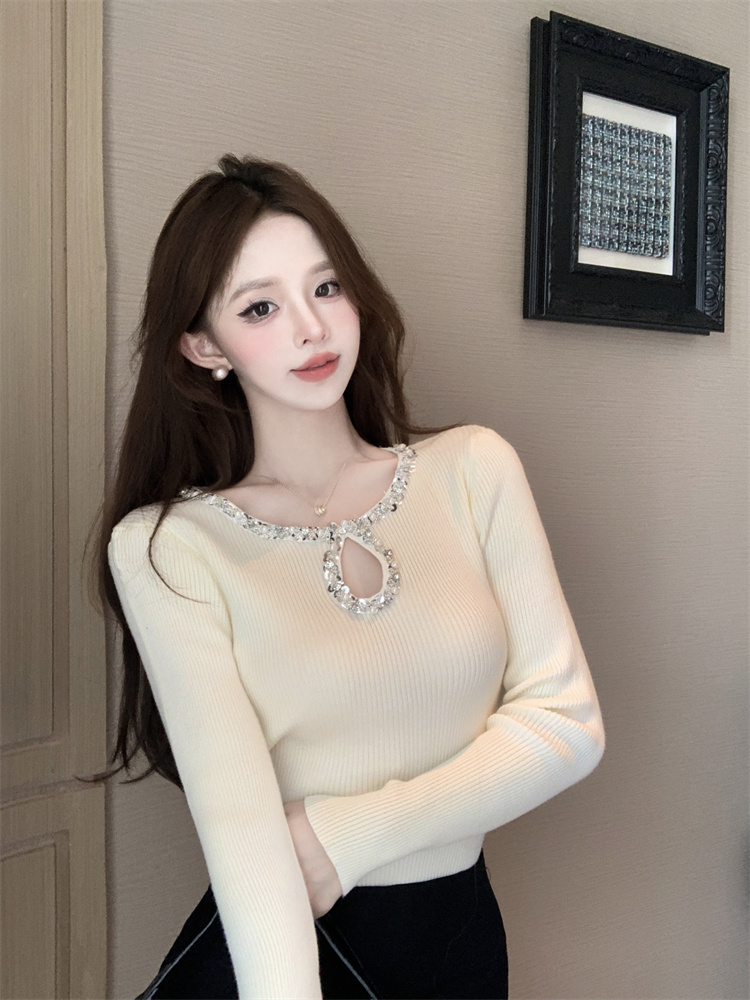 RY408# 春季新款重工钉珠圆领套头修身显瘦针织长袖打底衫女短款百搭