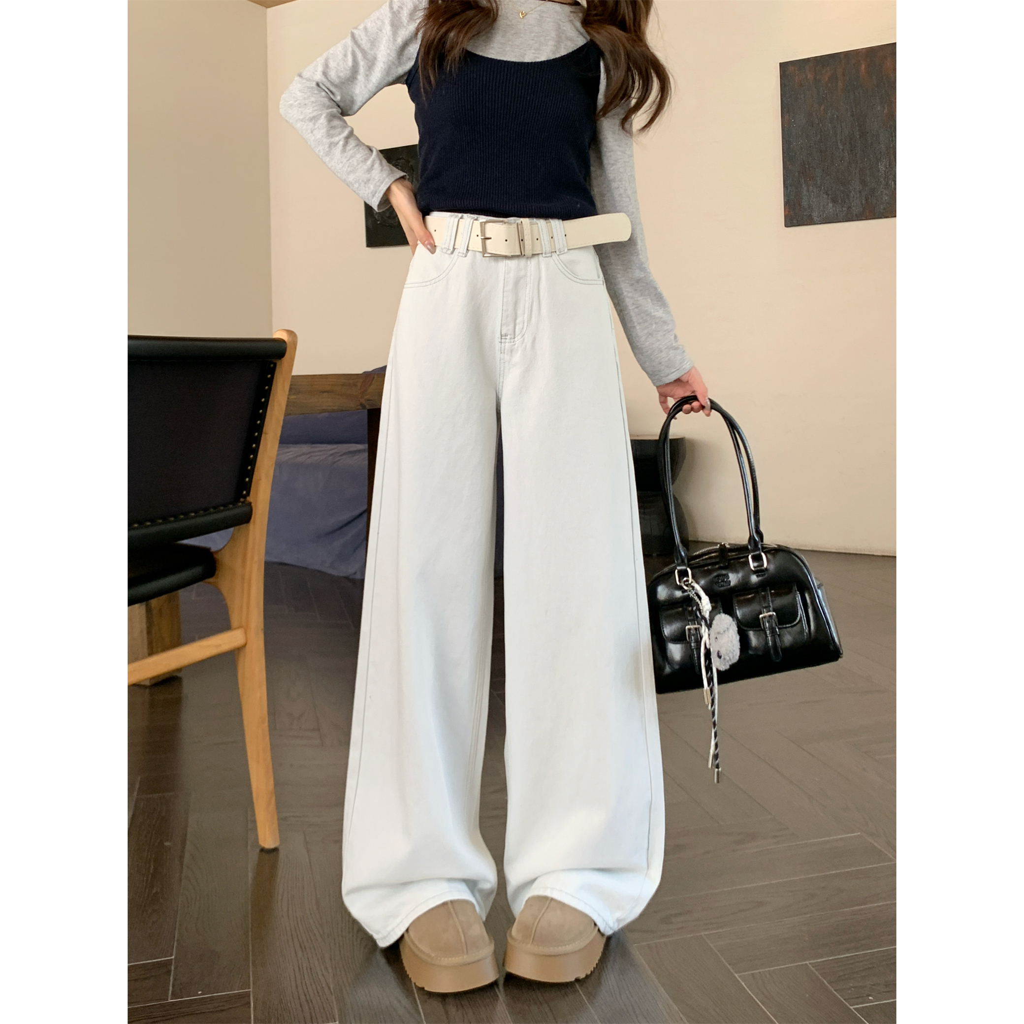 실사 새로운 빅 사이즈 워싱 레트로 밝은색 청바지 루즈핏 다용도 스트레이트 넓은 다리 바닥 청소 바지 벨트 보내기