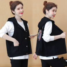 批发实拍2025春季<b class='q'>街头</b>宽松型韩版常规休闲马甲印花连帽宽松牛仔上衣女