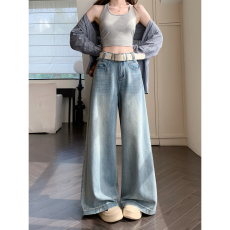 批发实拍  大码水洗做旧复古韩系牛仔裤宽松直筒阔腿拖地裤 送腰带